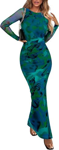 PRETTYGARDEN Women's Bodycon Maxi Dress Fall Fashion Long Sleeve Floral Print Tight Fitted Party Club Ruched Dresses in Saudi Arabia