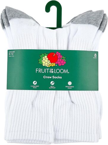 Fruit of the Loom Athletic Crew Socks for Men, 8 Pair Multi Pack - Cushioned, Breathable, Arch Support, White in Saudi Arabia