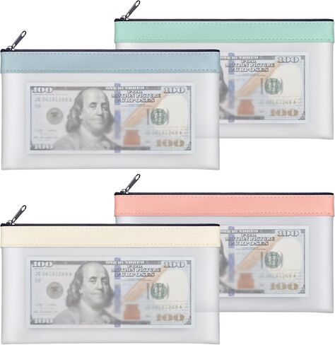 SMARTAKE 4-Pack Money Bags with Zipper, Transparent Bank Deposit Bags, Clear Plastic Money Envelopes for Cash, Coins, Checks, Invoices Organizing, Money Wallet Pouch, 8.4 x 4.1 Inch, 4 Light Colors in Saudi Arabia