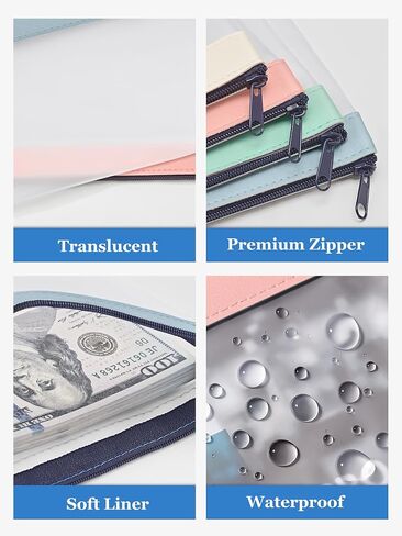 SMARTAKE 4-Pack Money Bags with Zipper, Transparent Bank Deposit Bags, Clear Plastic Money Envelopes for Cash, Coins, Checks, Invoices Organizing, Money Wallet Pouch, 8.4 x 4.1 Inch, 4 Light Colors in Saudi Arabia