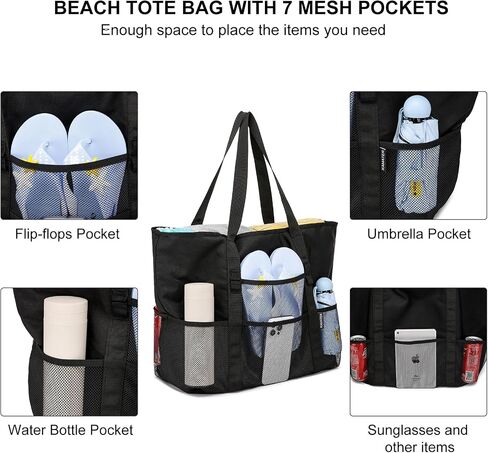 Beach Bag with Zipper - large Waterproof Pool Bag with Mesh and Pockets Beach Tote Bag Sandproof,Swim for Women in Saudi Arabia