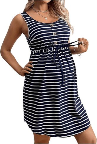 MakeMeChic Women's Striped Sleeveless Maternity Dress Crew Neck Button Drawstring Waist Pregnancy Dress in Saudi Arabia