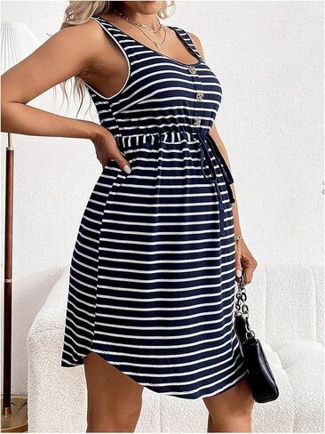 MakeMeChic Women's Striped Sleeveless Maternity Dress Crew Neck Button Drawstring Waist Pregnancy Dress in Saudi Arabia
