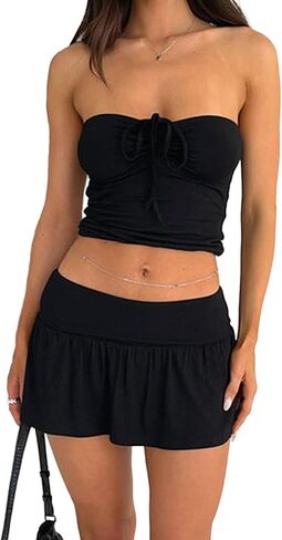 Women 2 Piece Mini Skirts Set Summer Sexy Y2k Going Out Sleeveless Strapless Crop Tops Low Waist Short Skort Skirt in Kuwait