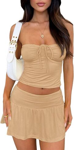 Women 2 Piece Mini Skirts Set Summer Sexy Y2k Going Out Sleeveless Strapless Crop Tops Low Waist Short Skort Skirt in Kuwait