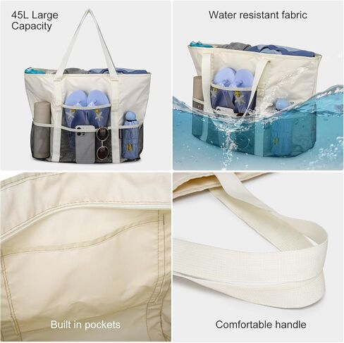 Beach Bag with Zipper - large Waterproof Pool Bag with Mesh and Pockets Beach Tote Bag Sandproof,Swim for Women in Kuwait