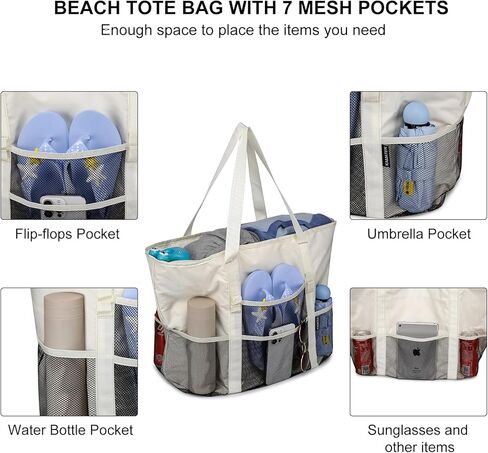 Beach Bag with Zipper - large Waterproof Pool Bag with Mesh and Pockets Beach Tote Bag Sandproof,Swim for Women in Kuwait
