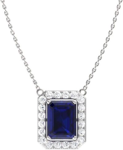 Diamondere Natural and Certified Emerald Cut Gemstone and Diamond Halo Necklace in 14k White Gold | 0.58 Carat Pendant with Chain in Saudi Arabia