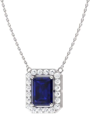 Diamondere Natural and Certified Emerald Cut Gemstone and Diamond Halo Necklace in 14k White Gold | 0.58 Carat Pendant with Chain in Saudi Arabia