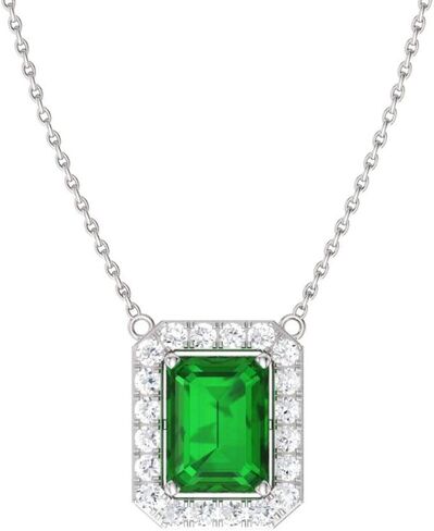 Diamondere Natural and Certified Emerald Cut Gemstone and Diamond Halo Necklace in 14k White Gold | 0.58 Carat Pendant with Chain in Saudi Arabia