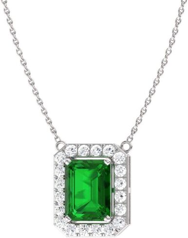 Diamondere Natural and Certified Emerald Cut Gemstone and Diamond Halo Necklace in 14k White Gold | 0.58 Carat Pendant with Chain in Saudi Arabia