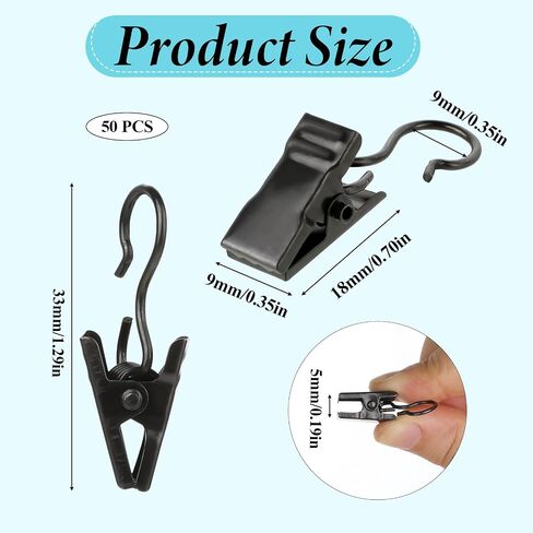 Giantree Stainless Steel Curtain Hooks, 50 Pack Small Curtain Clips with Hook, Bathroom Curtain Clips with Hooks S Hook with Clip for Hanging Drapes Photos Tent Lights Party Decorations(Black) in Saudi Arabia