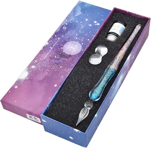 Handmade Glass Dip Pen Ink Set, Crystal Sparkling Signature Drawing Calligraphy Writing Pen with Bottle Ink and Pen Holder - Gradient Light Blue in Saudi Arabia