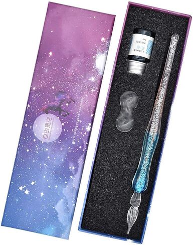 Handmade Glass Dip Pen Ink Set, Crystal Sparkling Signature Drawing Calligraphy Writing Pen with Bottle Ink and Pen Holder - Gradient Light Blue in Saudi Arabia