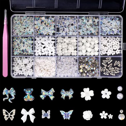 Acrylic Butterfly Flower Bear Nail Art Pendant Art, Multi-shape Pearl Rhinestone Golden Metal Applique Jewelry Accessories Production (S1-Bow Rhinestones) in Saudi Arabia