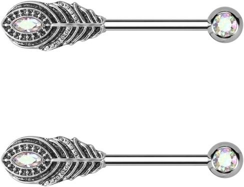 Pierced Owl 14GA 316L Stainless Steel CZ Crystal Feather Ends Nipple Barbells, Sold as a Pair in Saudi Arabia