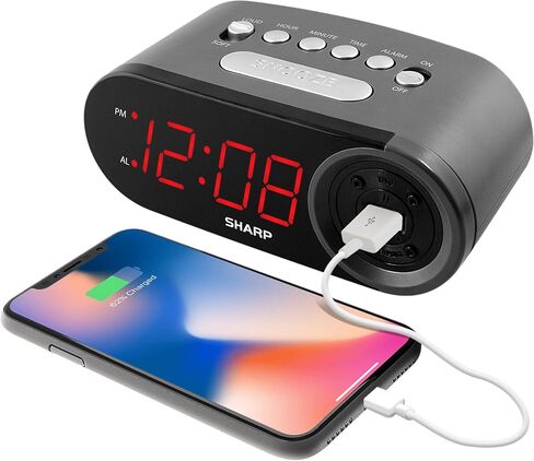 ساعة منبه رقمية سهلة القراءة من SHARP مع منفذ طاقة شحن USB عالي السرعة 2 أمبير - اشحن هاتفك أو جهازك اللوحي بشحن عالي السرعة! عملية بسيطة وسهلة الاستخدام، مصابيح LED باللون الأسود والأخضر in Saudi Arabia