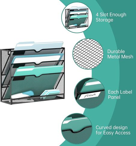 منظم ملفات الحائط من SUPEASY بأربعة طبقات، منظم ملفات معلق شبكي، بدون تجميع، ملفات حائط معلقة للأوراق والمجلدات والمجلات ومنظم حائط للحافظة، أسود in Kuwait