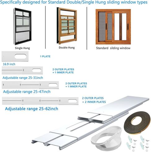 مجموعة نافذة التيار المتردد المحمولة من Gulrear للنافذة الرأسية أجزاء ختم نافذة مكيف الهواء المحمولة بطول قابل للتعديل من 20 بوصة إلى 62 بوصة مجموعة فتحات تهوية تيار متردد للنافذة المنزلقة مناسبة لخرطوم العادم بقطر 5.0 بوصة/13 سم in Kuwait