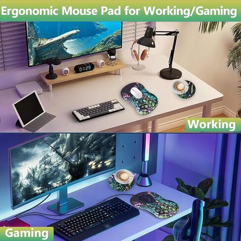 Mouse Pad Wrist Support 2 in 1 Ergonomic Mouse Pad with Wrist Rest + Coaster, Memory Foam Massage Designed Pain Relief Non-Slip Computer Mousepad Wrist Rest for Gaming/Working-Flowers in Saudi Arabia