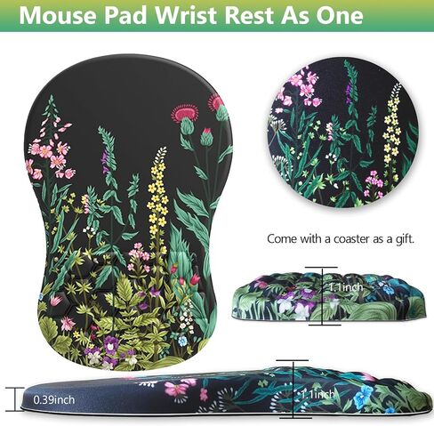 Mouse Pad Wrist Support 2 in 1 Ergonomic Mouse Pad with Wrist Rest + Coaster, Memory Foam Massage Designed Pain Relief Non-Slip Computer Mousepad Wrist Rest for Gaming/Working-Flowers in Saudi Arabia