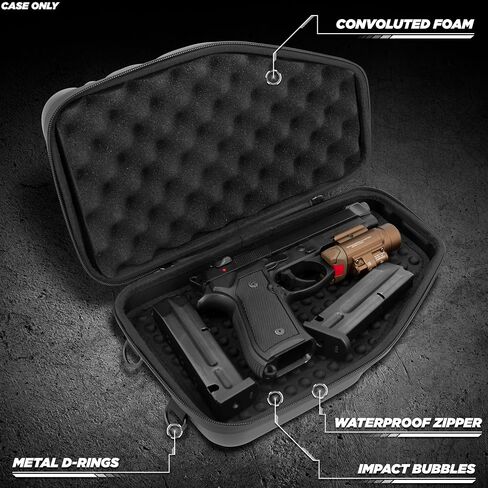 CASEMATIX Locking Pistol Case Fits Small to Large 9mm Pistols with Room For Extra Clips and Attachments - Portable EVA Gun Rug Handgun Case with Foam, Snap In Zippers, Water Resistant, Shoulder Strap in Saudi Arabia