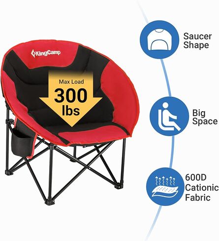 KingCamp Foldable Saucer Moon Lounge Chair with Cupholder Storage Pocket for Indoor Home or Outdoor Camping and Tailgating Use, Black/Red in Kuwait
