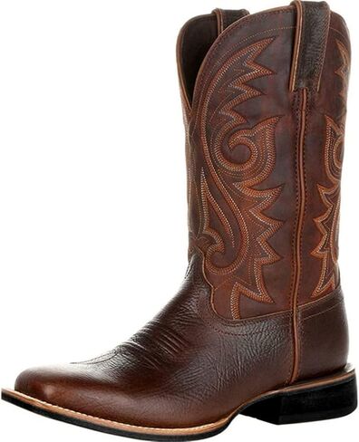 Western Cowboy Boots for Men,Western Square Toe Cowboy Boots Retro Leather Embroidery Casual Chunky Heel Wide Calf Pull On Boots in Saudi Arabia