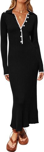 MASCOMODA Women Fall Long Sleeve V Neck Sweater Dress Casual Lapel Button Up Slim Fit Ribbed Knit Long Maxi Dresses in Saudi Arabia