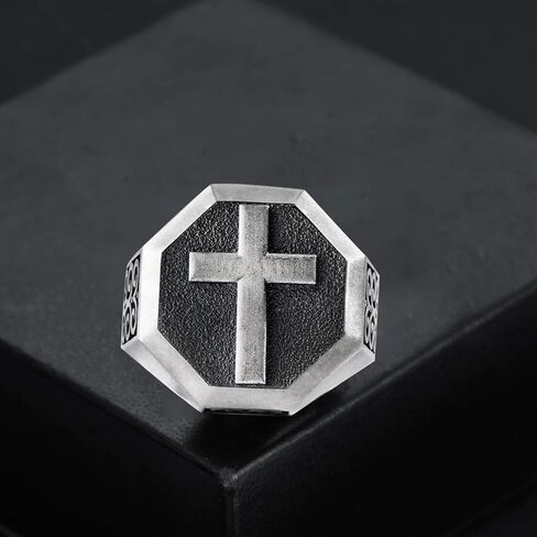 Cross Signet Mens Ring，S925 Sterling Silver Unique Faith Christian Ring Vintage Religious Cross Ring Silver Catholic Jewelry Gifts for Men Dad Boy Husband in Saudi Arabia