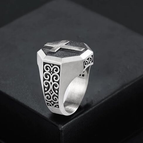 Cross Signet Mens Ring，S925 Sterling Silver Unique Faith Christian Ring Vintage Religious Cross Ring Silver Catholic Jewelry Gifts for Men Dad Boy Husband in Saudi Arabia