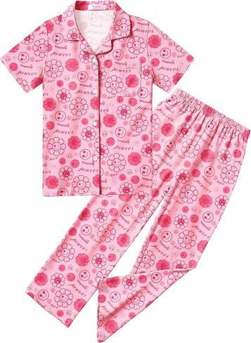 Arshiner Pajamas for Girls Short Sleeve Long Pants Outfit 2 Piece Sleepwear Button Pjs Sets in Saudi Arabia