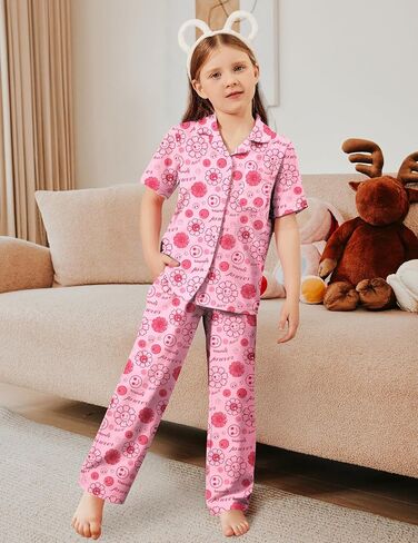 Arshiner Pajamas for Girls Short Sleeve Long Pants Outfit 2 Piece Sleepwear Button Pjs Sets in Saudi Arabia