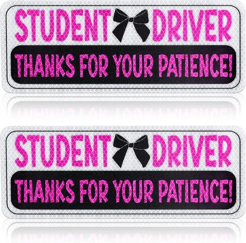 2pcs Magnetic Reflective Bumper Sticker, Thanks for Your Patience Student Driver Sign Reflective Car Decal for New Student Drivers, Medium, Pink, White, Black in Saudi Arabia