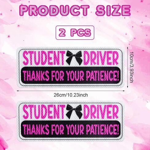 2pcs Magnetic Reflective Bumper Sticker, Thanks for Your Patience Student Driver Sign Reflective Car Decal for New Student Drivers, Medium, Pink, White, Black in Saudi Arabia