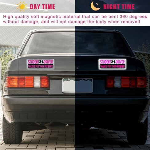 2pcs Magnetic Reflective Bumper Sticker, Thanks for Your Patience Student Driver Sign Reflective Car Decal for New Student Drivers, Medium, Pink, White, Black in Saudi Arabia