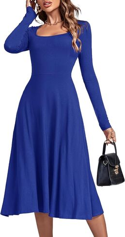 LYANER Women's Square Neck Long Sleeve Empire Waist A Line Flare Solid Midi Dress in Saudi Arabia
