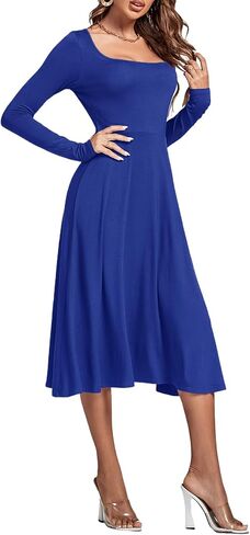 LYANER Women's Square Neck Long Sleeve Empire Waist A Line Flare Solid Midi Dress in Saudi Arabia