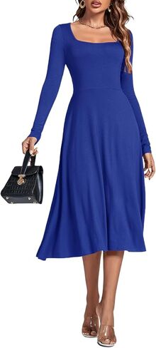 LYANER Women's Square Neck Long Sleeve Empire Waist A Line Flare Solid Midi Dress in Saudi Arabia