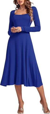 LYANER Women's Square Neck Long Sleeve Empire Waist A Line Flare Solid Midi Dress in Saudi Arabia