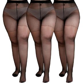 Plus Size Sheer Tights for Women，20D Ultra Thin High Waist Pantyhose with Cotton Crotch 3 Pairs