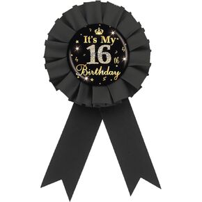 It's My 16th Birthday Tinplate Badge Pin, Gold Diamond Happy 16th Birthday Button Pin, Sweet 16 Black Rosette Award Ribbon Pin for Girl, Brooch Buttons for Sixteen Years Old Birthday Party Decoration
