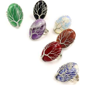 7 PCS Oval Healing Crystal Girls Ring Hand Wrapped Copper Wire Tree of Life, Adjustable Open Ring for Womens, Fits Size 6 7 8 9