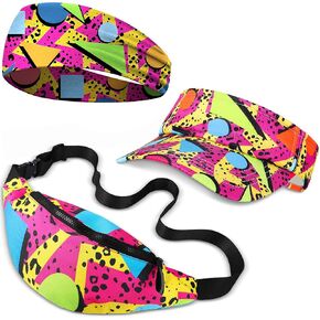 3 Pcs 80s 90s Fanny Pack 80s Outfit Sun Visor Hat Waist Bag 80s Vintage Headbands Fashion Accessories for Men Women Party