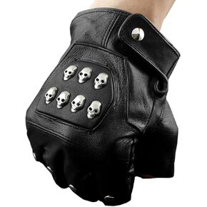 Mens Punk Biker Skulls Studded Fingerless Real Leather Gloves, Black, One Size
