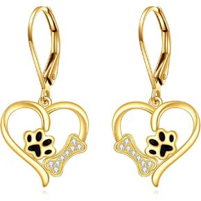 14k Real Gold Paw Print Earrings Hypoallergenic Heart Dangle Leverback Earring Dog Cat Lovers Jewelry Birthday Gifts for Women Teen Girls
