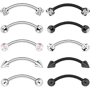 10-24Pcs Eyebrow Piercing Jewelry Ear Rook Piercing Eyebrow Ring Surgical Steel Curved Barbell Vertical Labret Lip Jewelry Snug Daith Tragus Piercing Jewelry Black Silver
