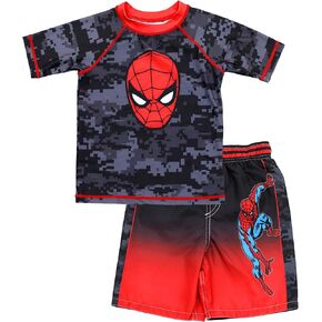 Marvel Comics Spider-Man 2 Piece UPF 50+ Rash Guard and Swim Trunks Bathing Suit Set Swimwear for Boys, Black, 7