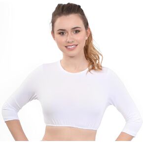 Kosher Casual Women's Modest High Neck Cropped Layering Shell - Cotton Spandex 3-4 Sleeve Base Pullover Top