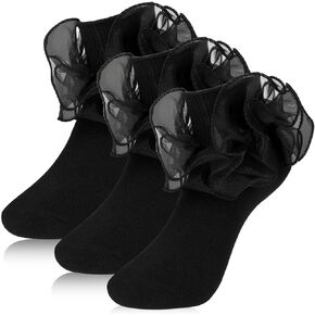 3 Pairs Girls Ruffle Cute Socks Double Lace Frilly Dress Socks Princess Dress Cotton Socks for Toddler Little Girl, Black